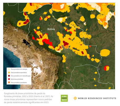 Áreas prioritárias de perda florestal na Bolívia em áreas devastadas por incêndios.