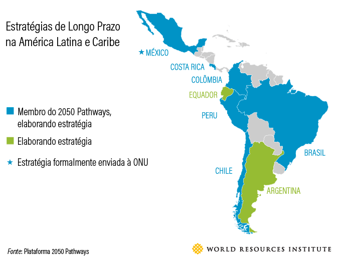 <p>Mapa com países da região que já elaboraram estratégias de longo prazo para o clima</p>