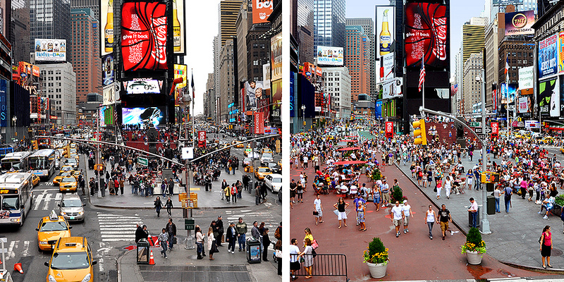 <p>Times Square antes e depois das intervenções (Fotos: NYC DOT/Flickr)</p>