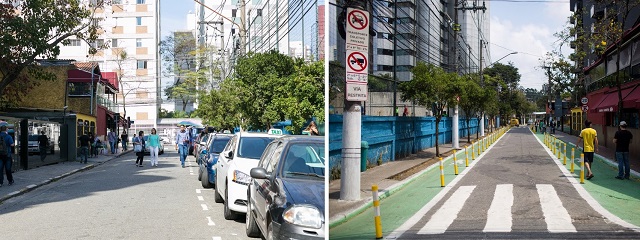 <p>Antes e depois da Rua Joel Carlos Borges (Foto: Daniel Hunter e Pedro Mascaro/WRI Brasil)</p>