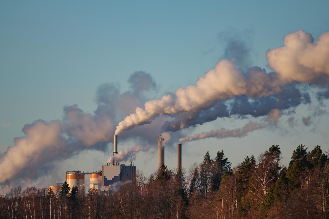<p>Fumaça saindo das chaminés de uma fábrica de papel na Suécia</p>