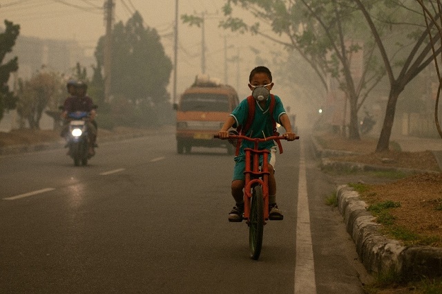 <p>>Criança pedalando em Kalimantan Central, na Indonésia</p>