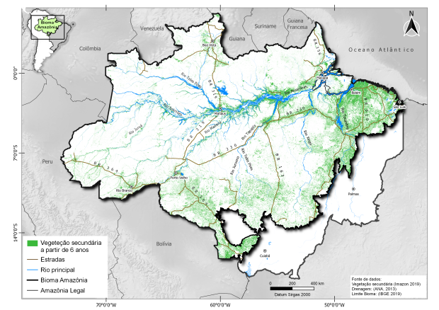 <p>Mapa mostra onde estão os 7,2 milhões de hectares em regeneração natural na Amazônia</p>