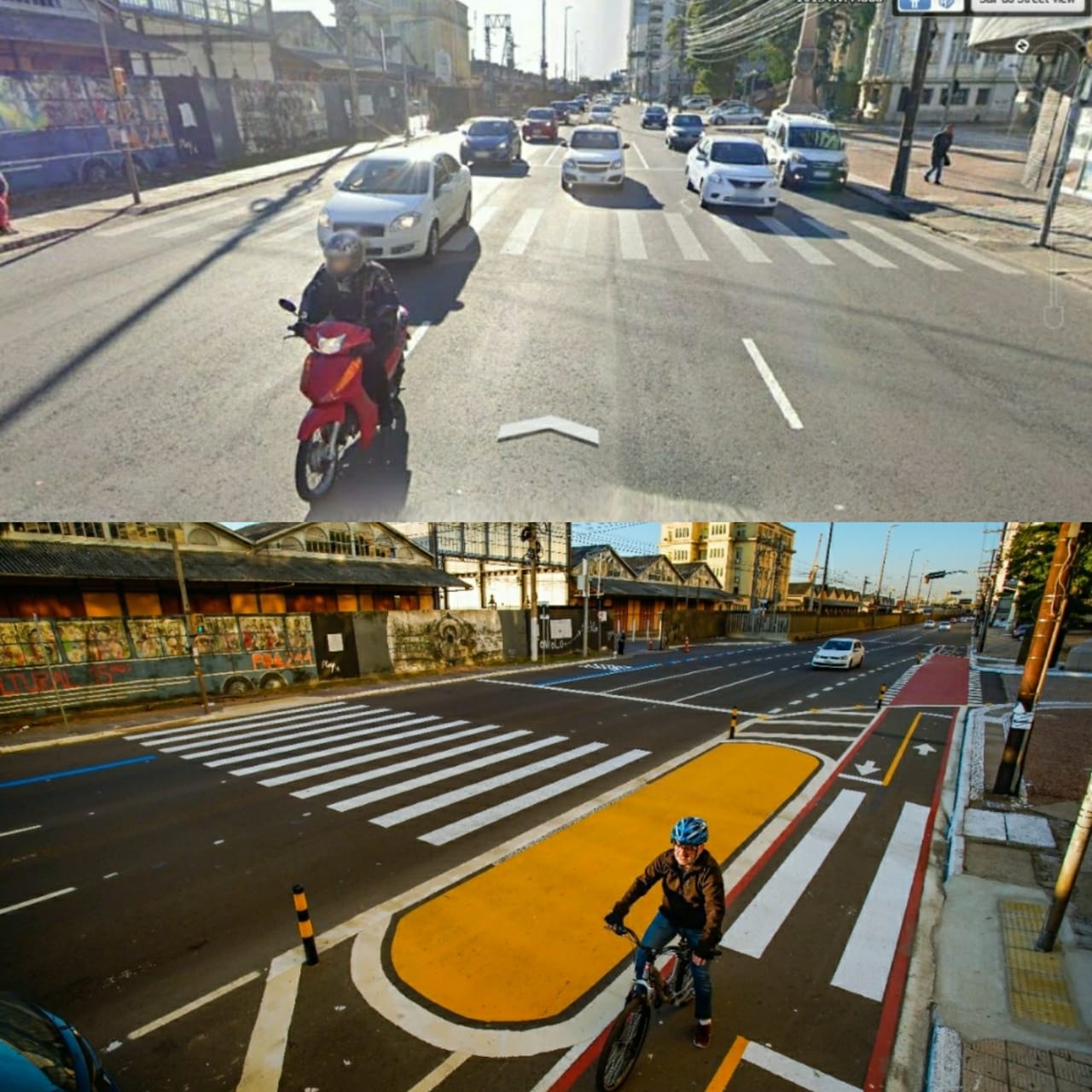 foto de rua antes e depois da redistribuição do espaço