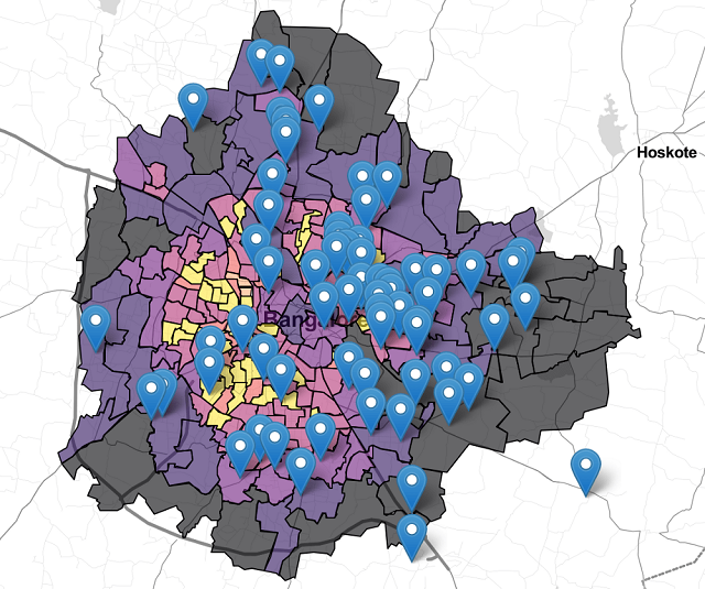 <p>Mapa de Bengaluru com as áreas atendidas pelos socorristas</p>