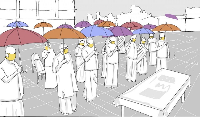 <p>ilustração mostra distanciamento usando tamanho de guarda-chuvas</p>